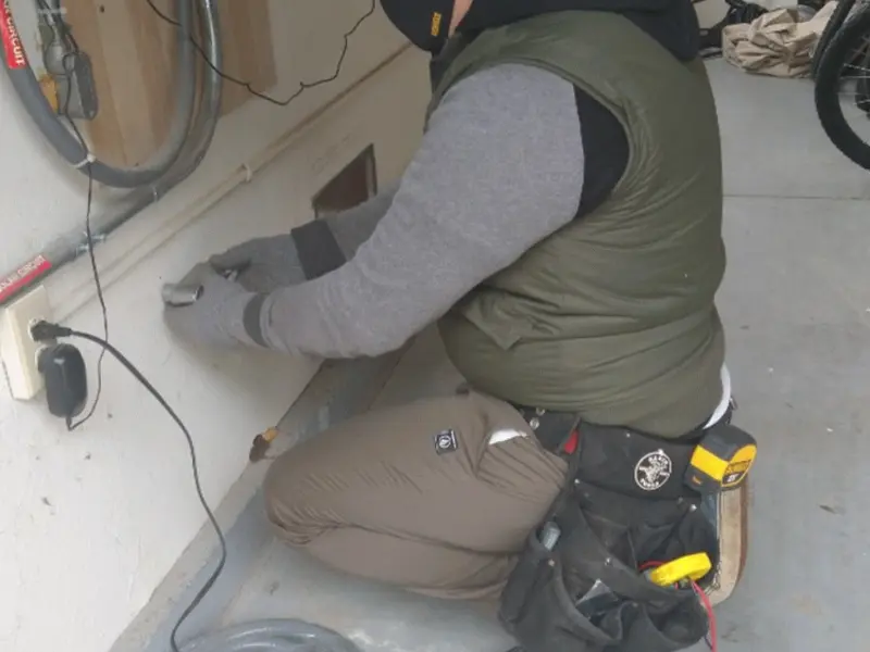 Electrician performing outlet wiring in a Federal Way garage